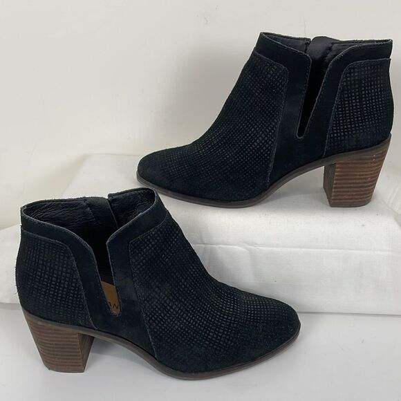 Lucky Brand Women's 7.5 Ankle Boots Black Grained Suede Wood Block Heel Casual - Picture 7 of 8